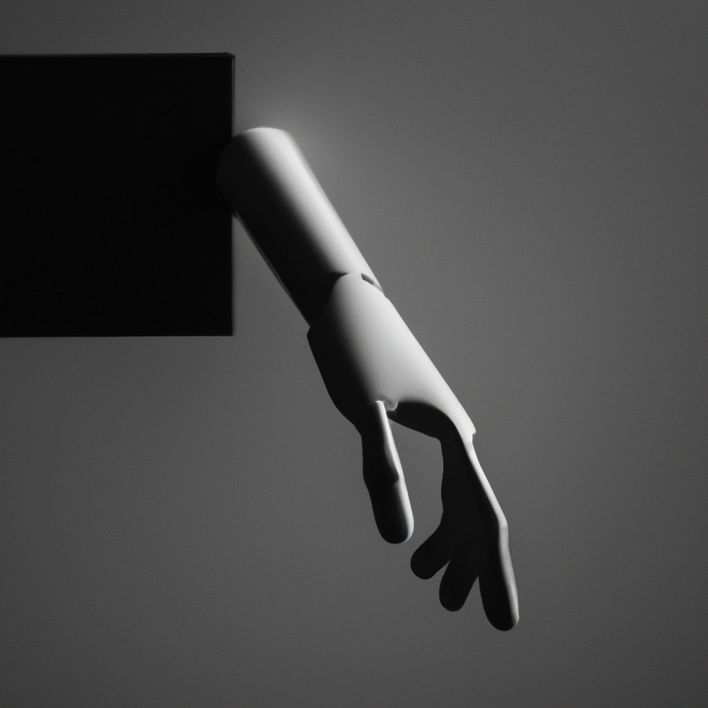 Illustration abstraite : main robotique tendant une enveloppe, lignes fluides, dégradés doux